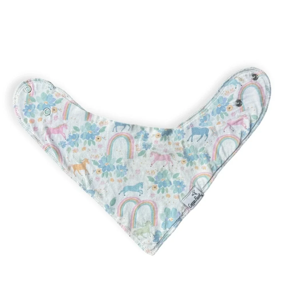 Copper Pearl Baby Bandana Bibs 2 Pack Unicorn Rainbow Floral Grey White Snaps